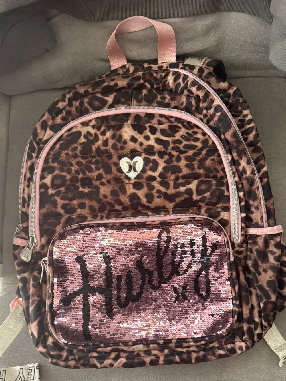 Hurley Leopard Print Backpack with Pink Sequin Front Pocket